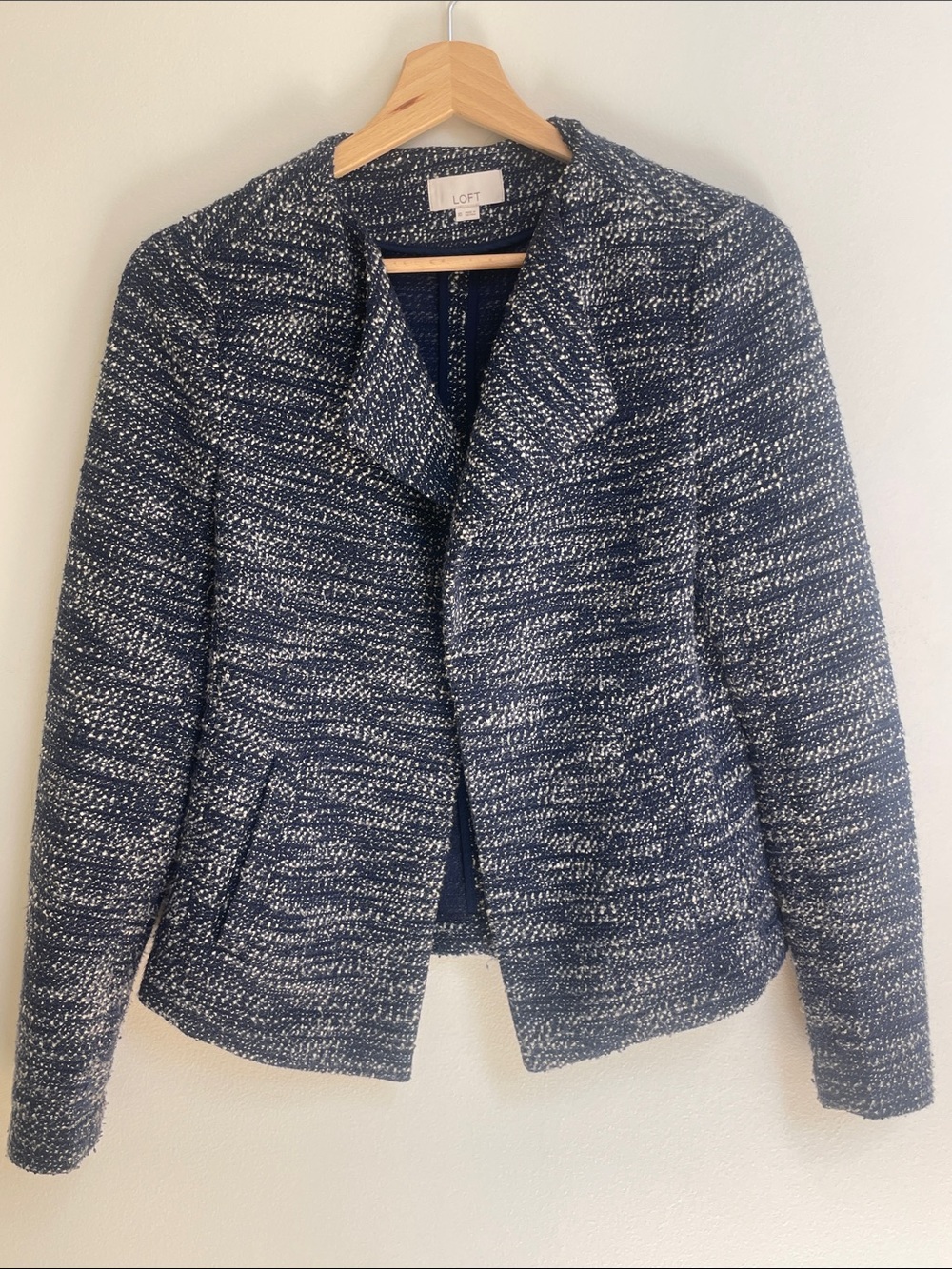 Loft Blue Boucle Open Front Jacket. Size XS